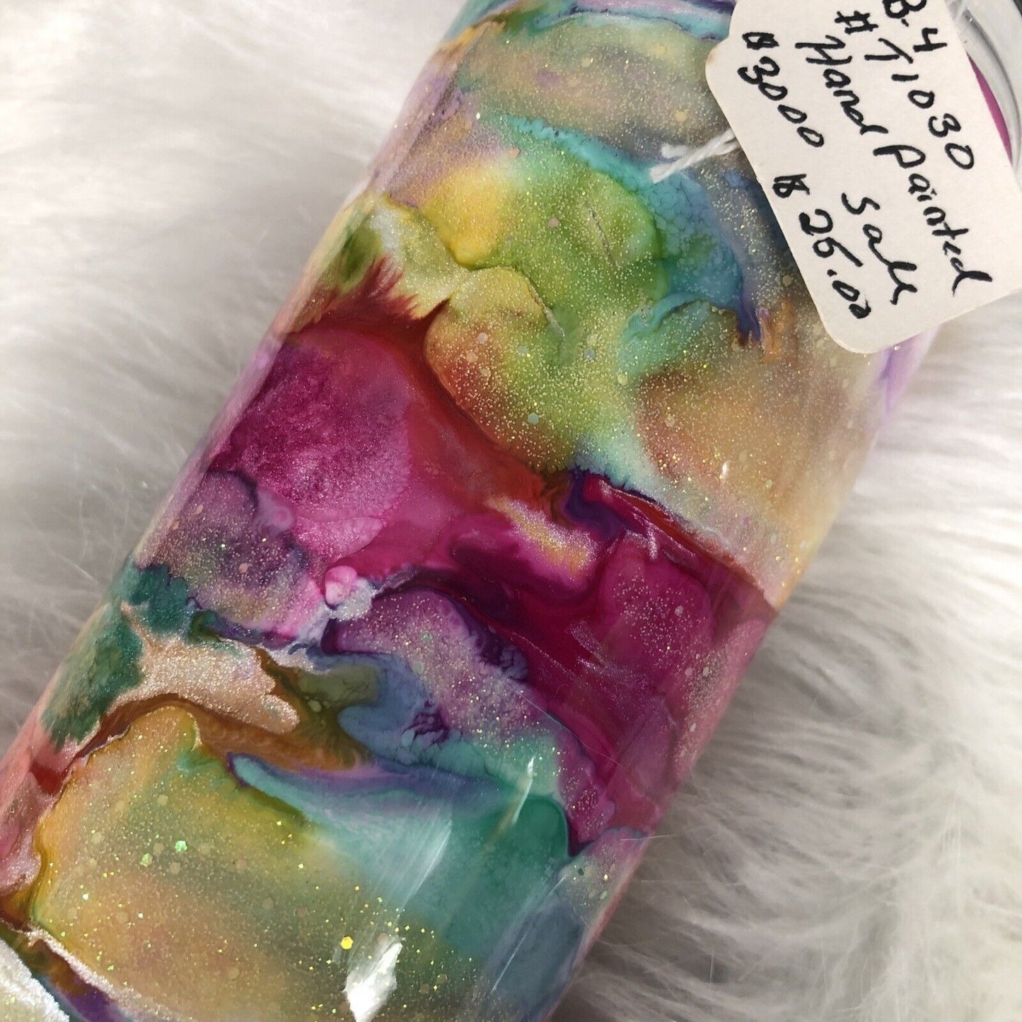 20 Ounce Tumbler Hand-Painted Pinks Pearl Teal Yellow Lid And Straw