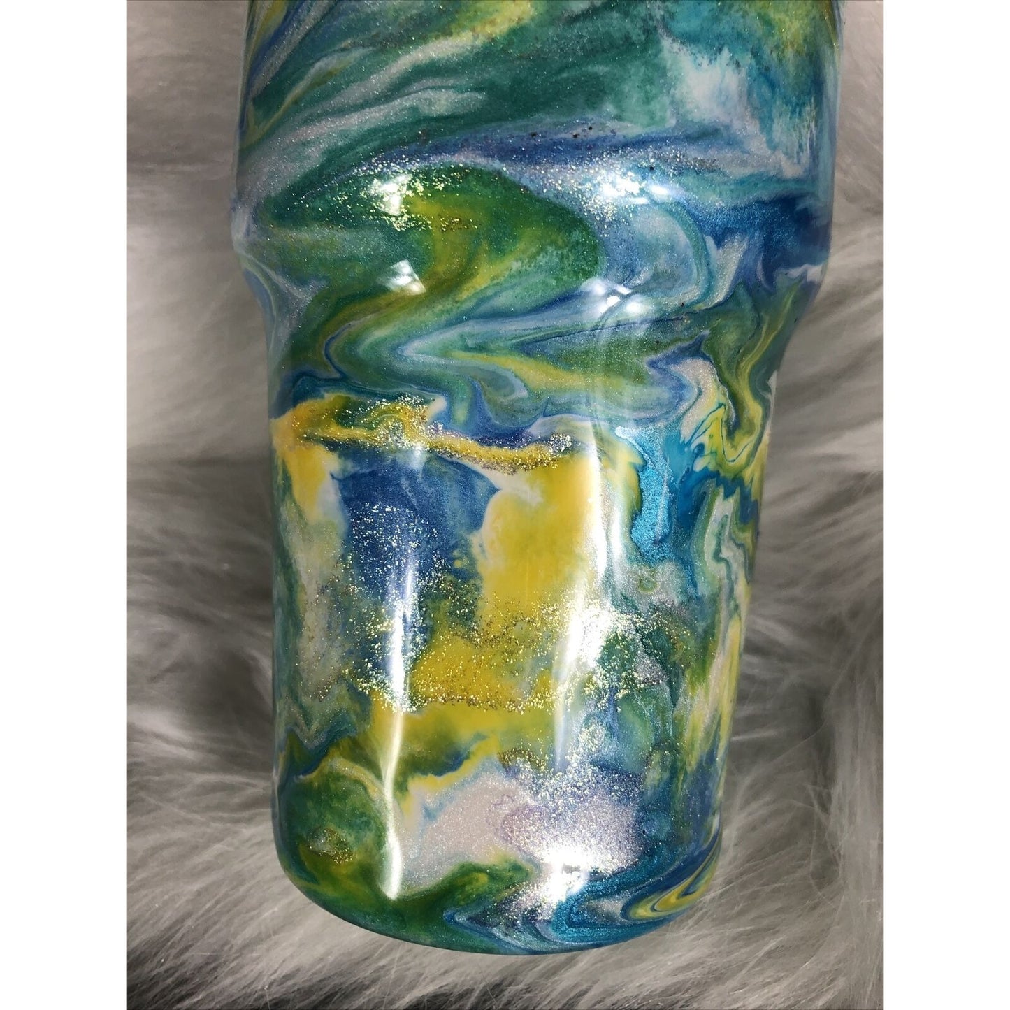 32 Ounce Tumbler Hand Painted Teal’s Blues Yellows Pearls & Glitter Lid Custom