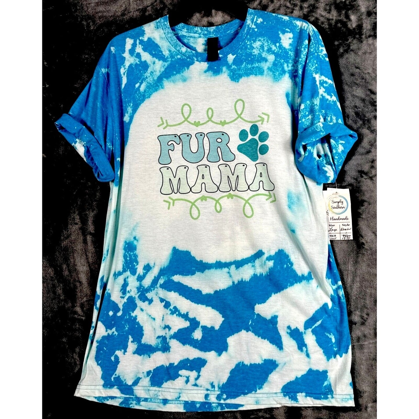 Women’s Dog Mom T Shirt “Fur Mama” Dog Lovers Blue Tye Dyed Shirt Adult Large
