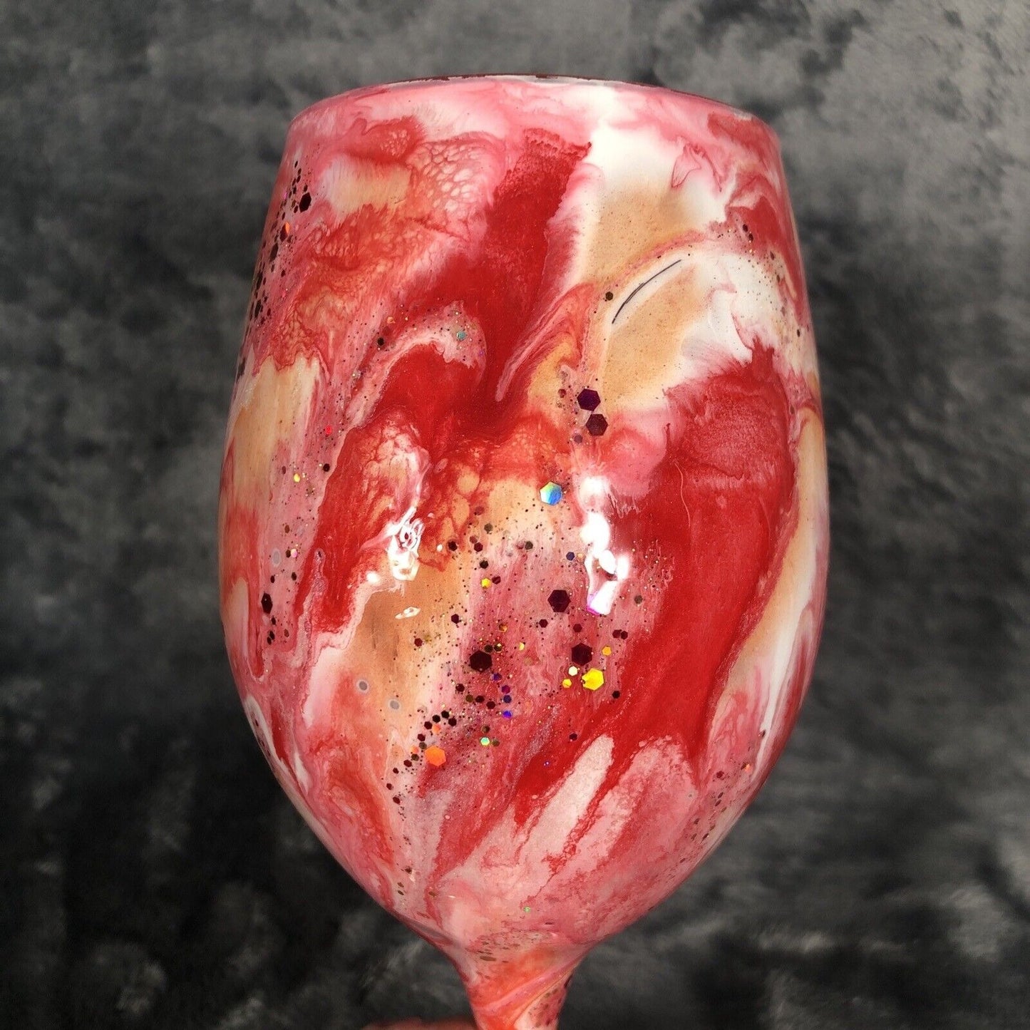 Wine Glass Red Swirls & Glitter Hand Painted Custom Unique Gift