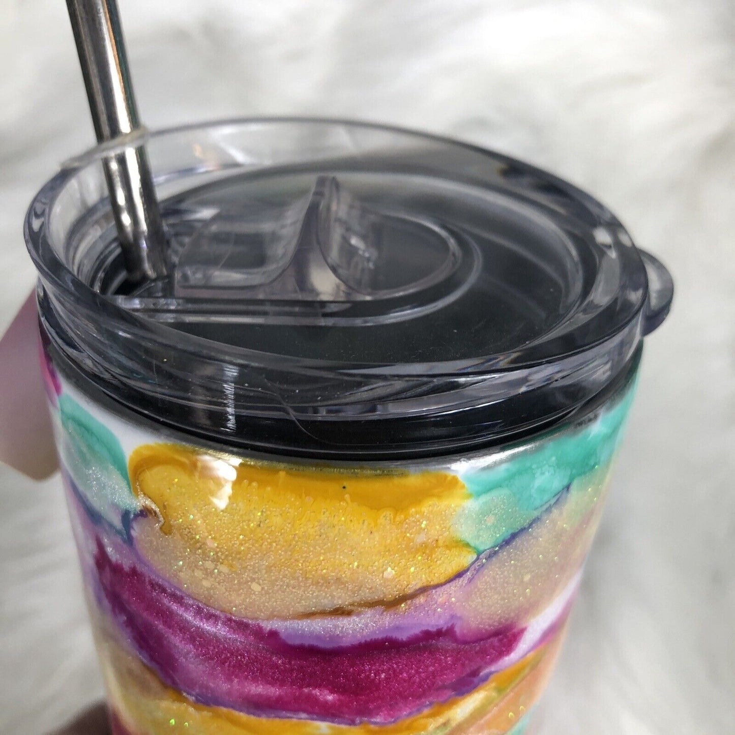20 Ounce Tumbler Hand-Painted Pinks Pearl Teal Yellow Lid And Straw
