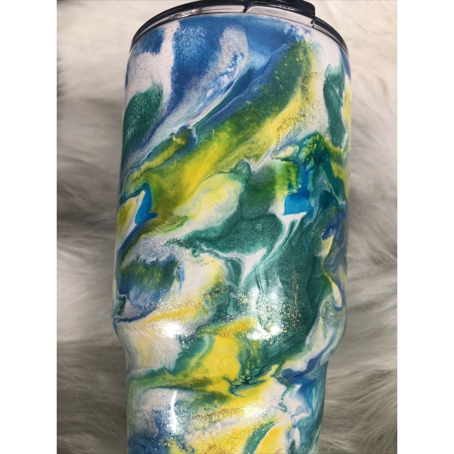 32 Ounce Tumbler Hand Painted Teal’s Blues Yellows Pearls & Glitter Lid Custom