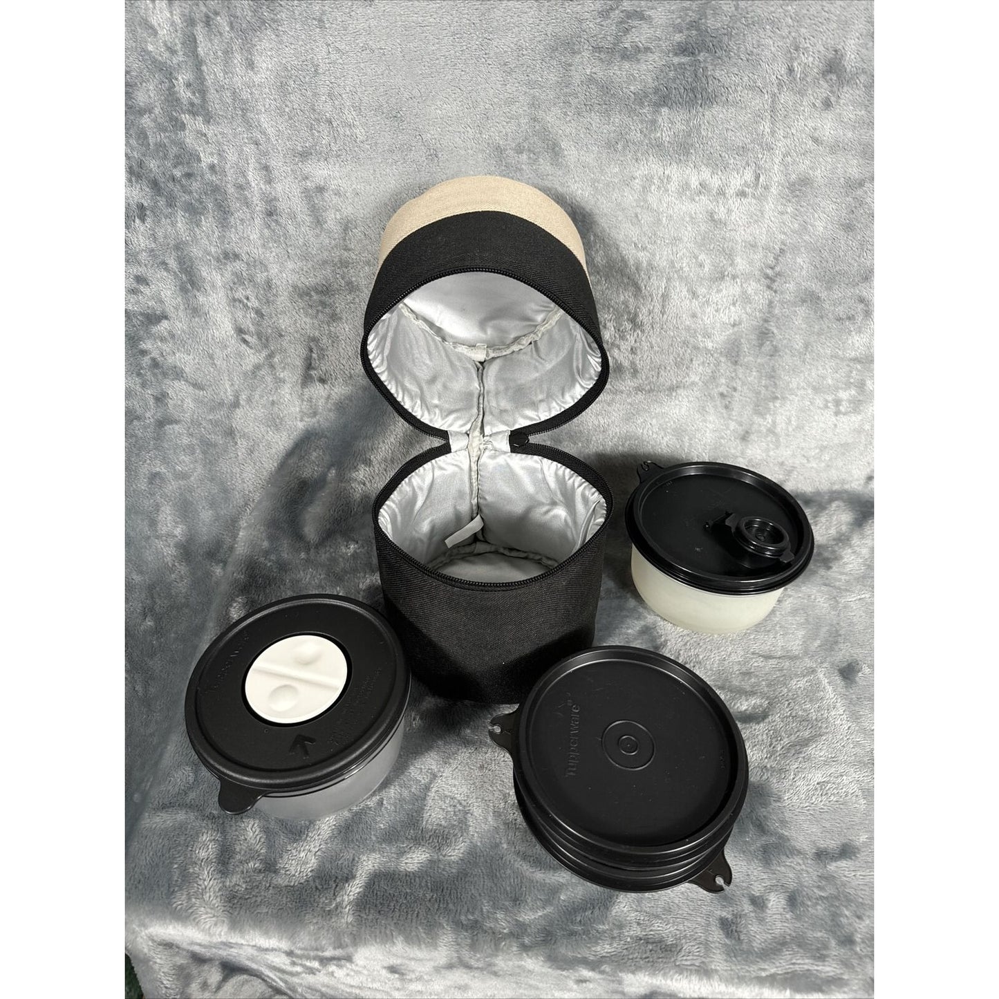 Tupperware Insulated Lunch Bag Zippered Tote Small Cylinder Black & Beige
