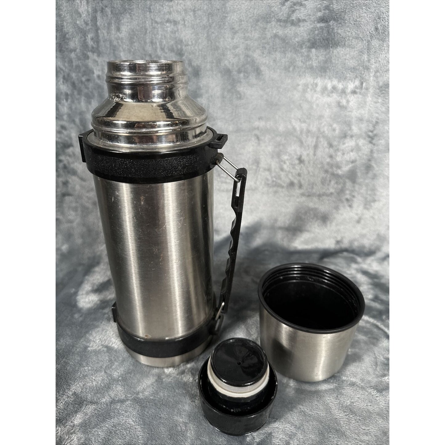 Thermos Black & Silver Vacuum Insulated Flask 1 Liter Stopper Vintage