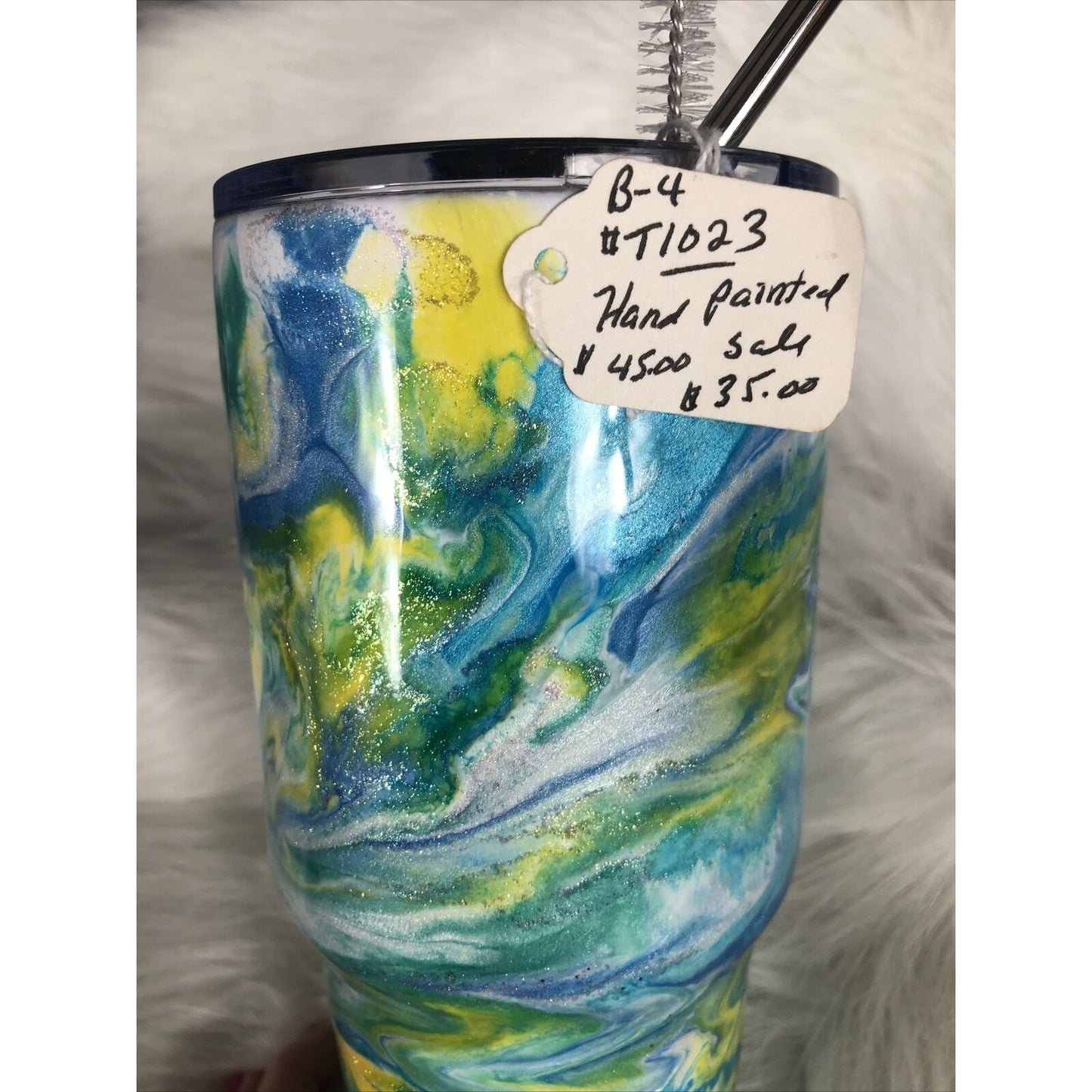 32 Ounce Tumbler Hand Painted Teal’s Blues Yellows Pearls & Glitter Lid Custom