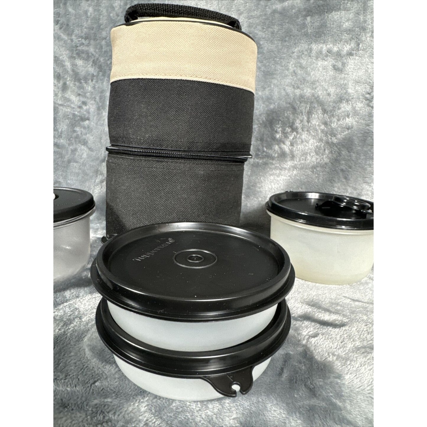 Tupperware Insulated Lunch Bag Zippered Tote Small Cylinder Black & Beige