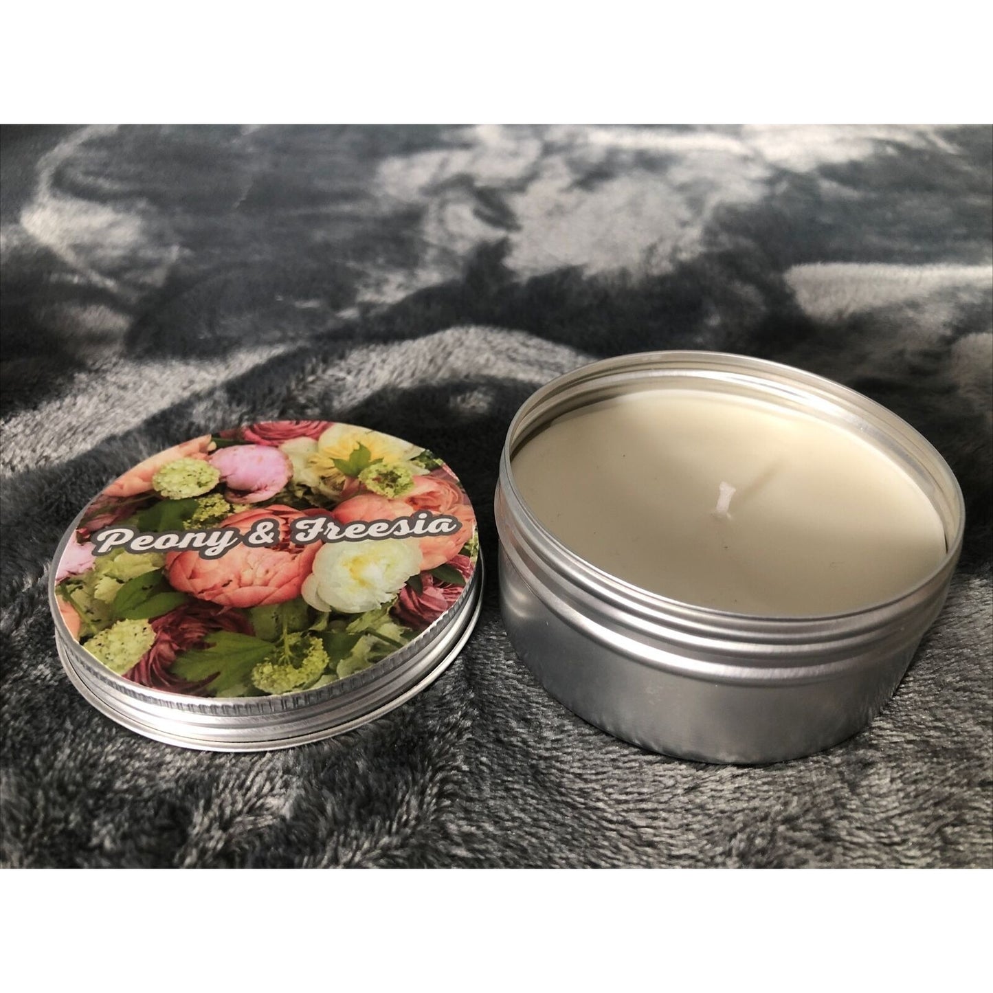 Hand Poured Candle Coconut And Soy Blend 4 Ounce Tin Peony In Freesia