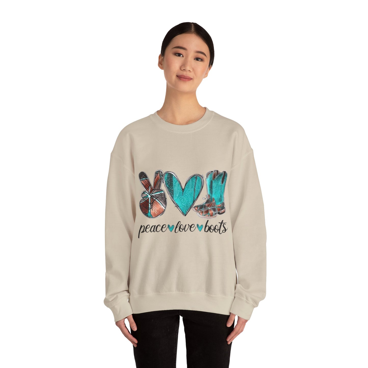 Inspirational Sweat Shirt Love Peace & Boots Sweat Shirt