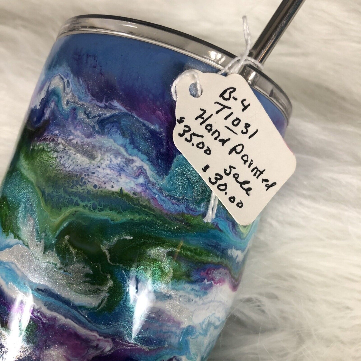 24 Ounce Tumbler Hand-Painted Blues Purples Pearl Green Lid And Straw
