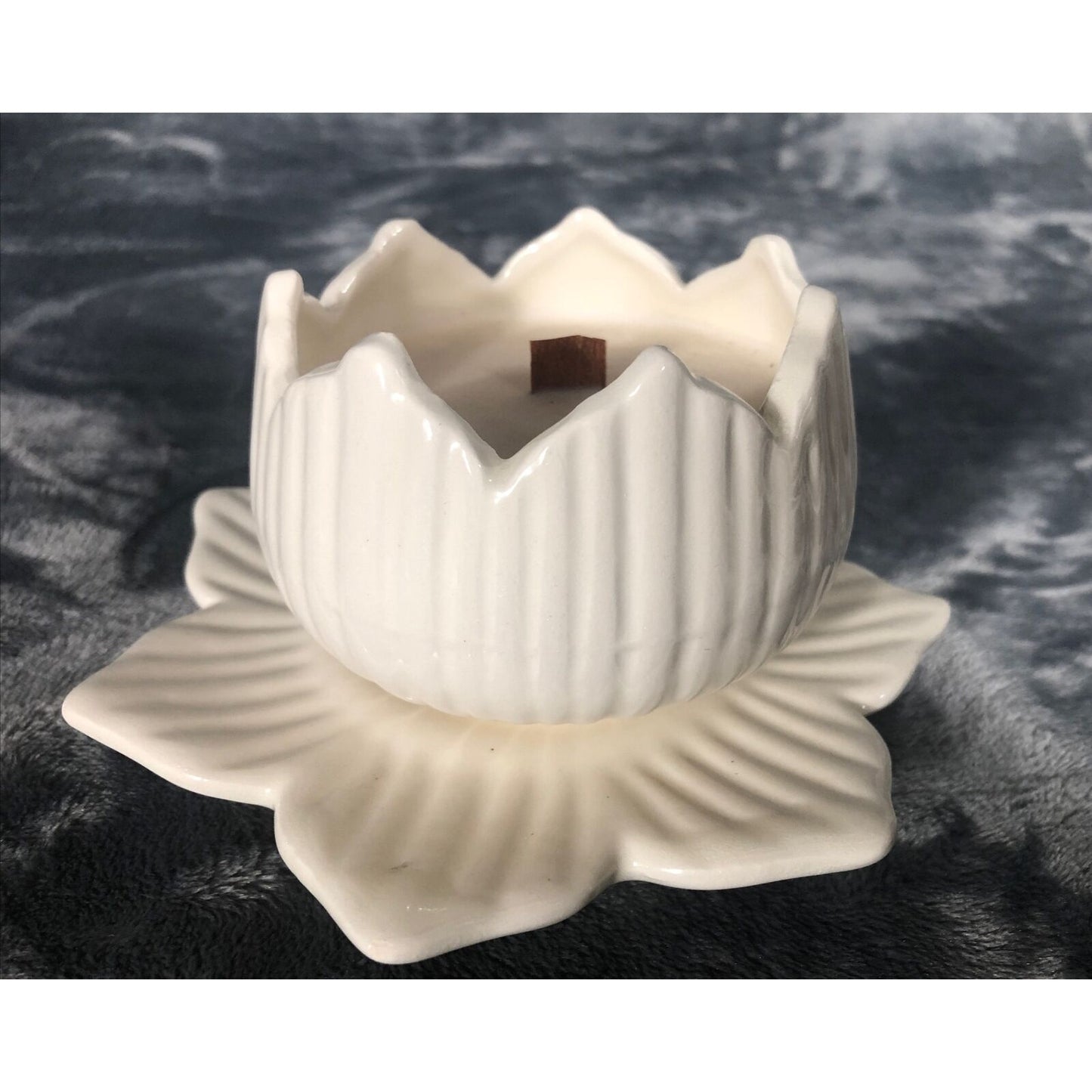 Hand Poured Candle Vintage ironstone lotus Vessel Scent Sugar Cookie Wood Wick