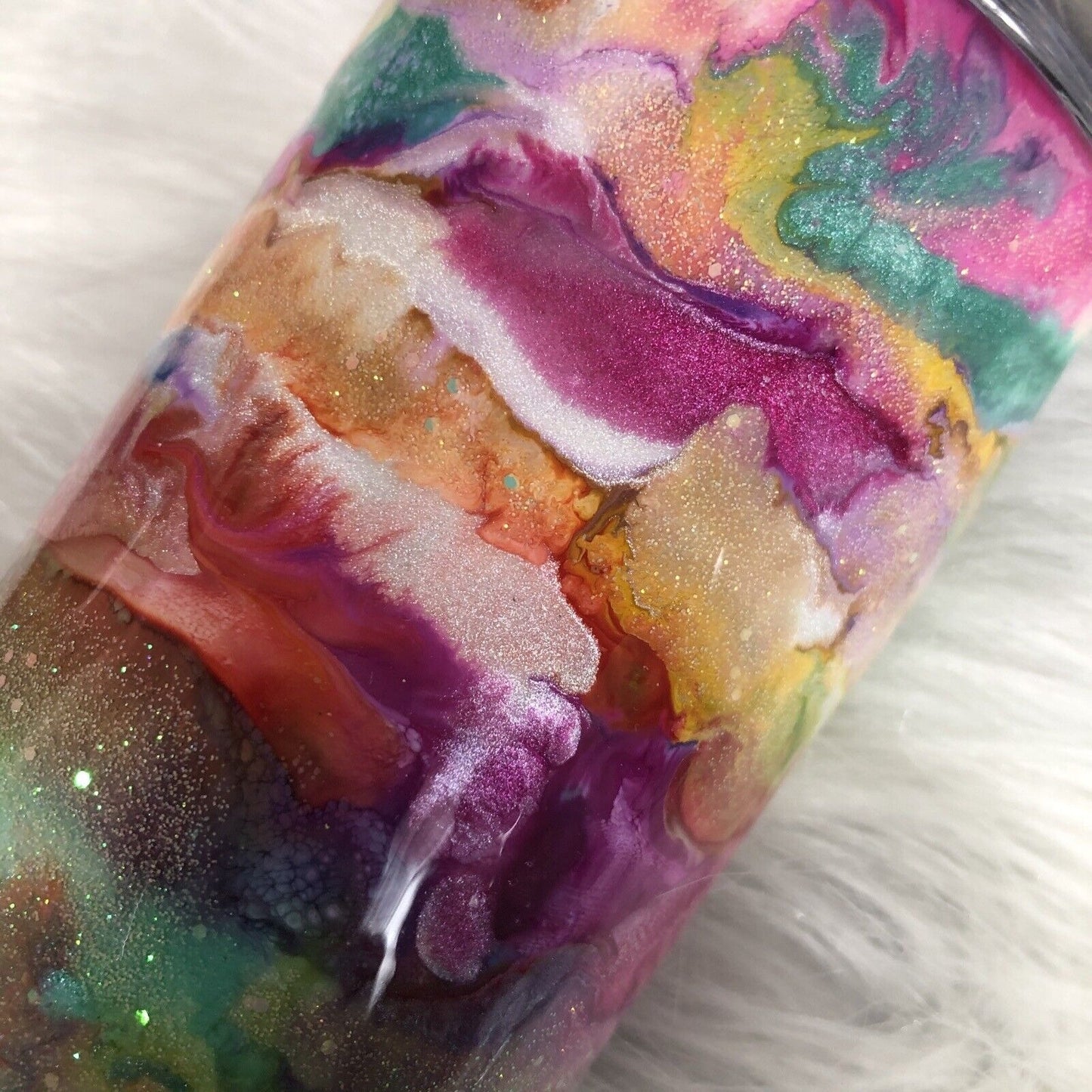 20 Ounce Tumbler Hand-Painted Pinks Pearl Teal Yellow Lid And Straw