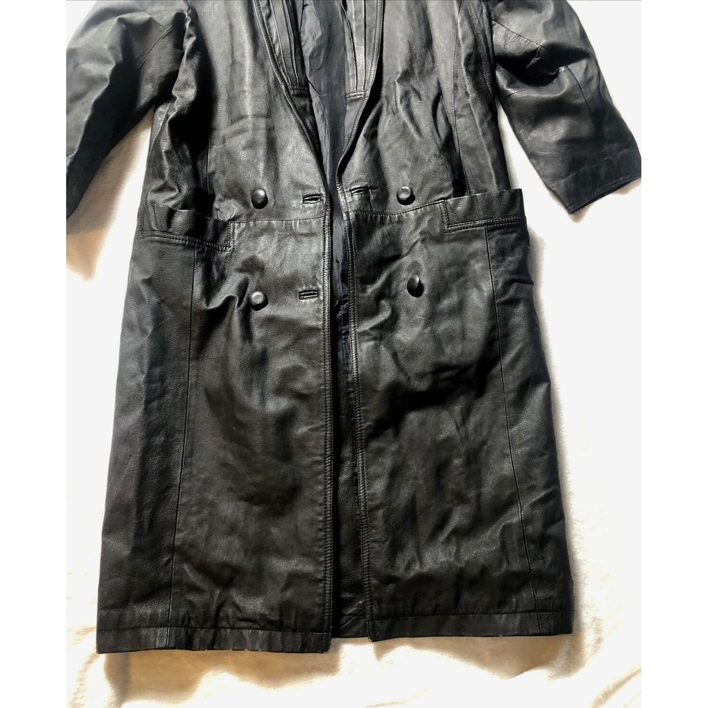 Vintage 80's G-III Black Leather Long Trench Coat Women's Small Long