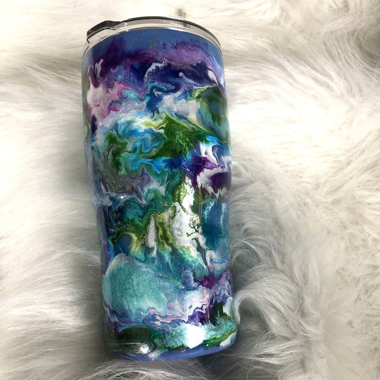 24 Ounce Tumbler Hand-Painted Blues Purples Pearl Green Lid And Straw