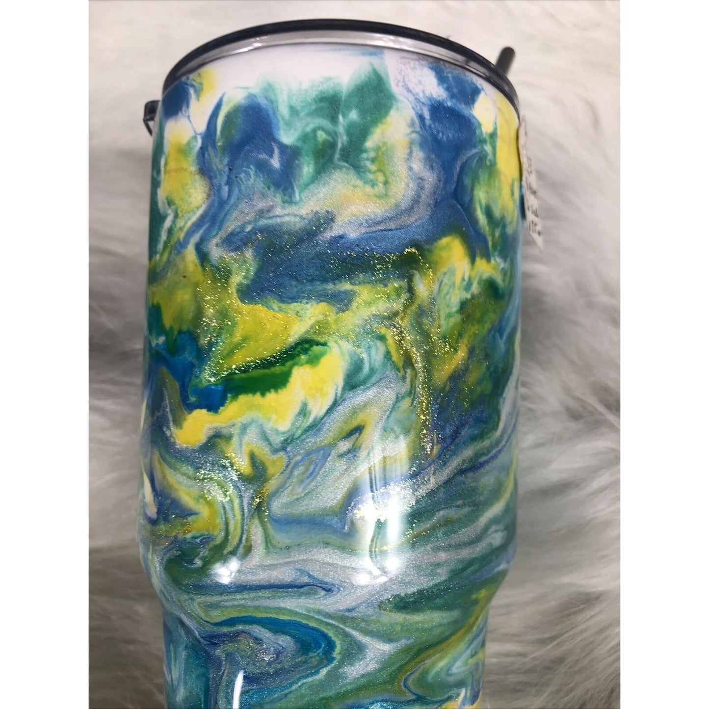32 Ounce Tumbler Hand Painted Teal’s Blues Yellows Pearls & Glitter Lid Custom