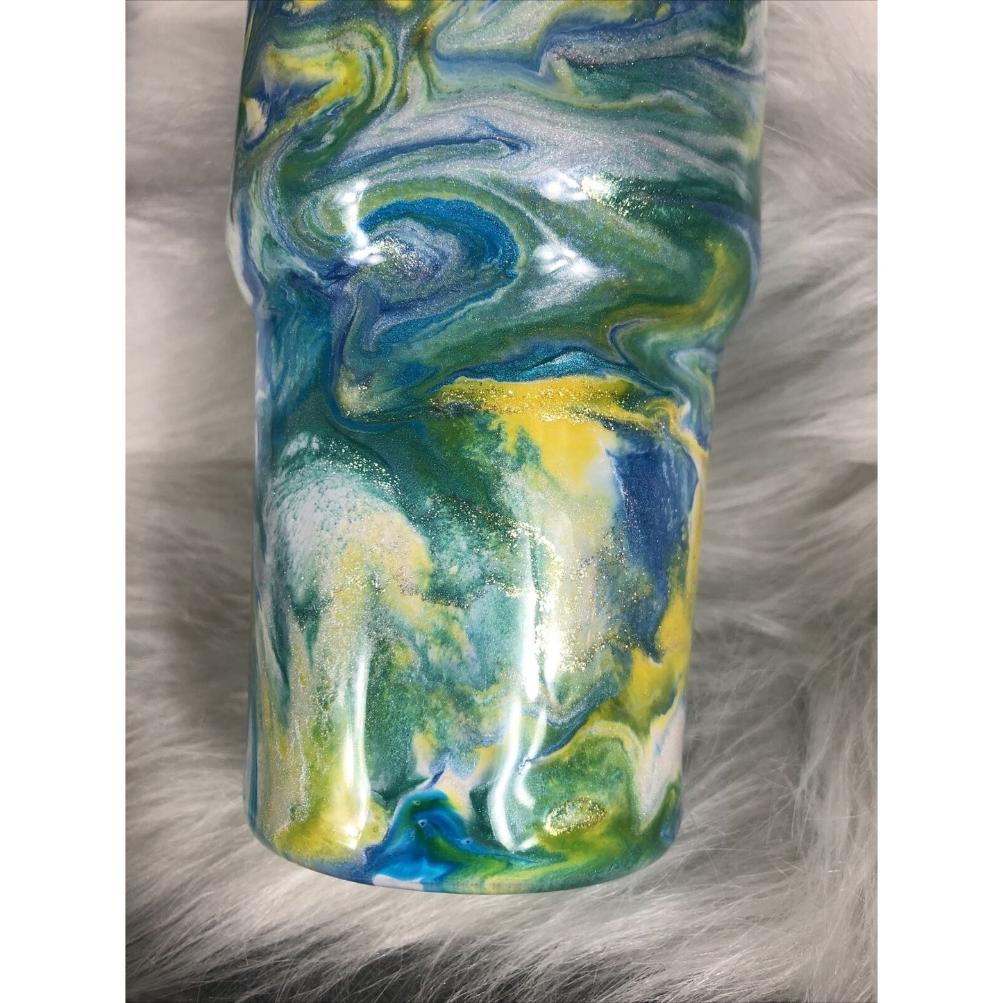 32 Ounce Tumbler Hand Painted Teal’s Blues Yellows Pearls & Glitter Lid Custom
