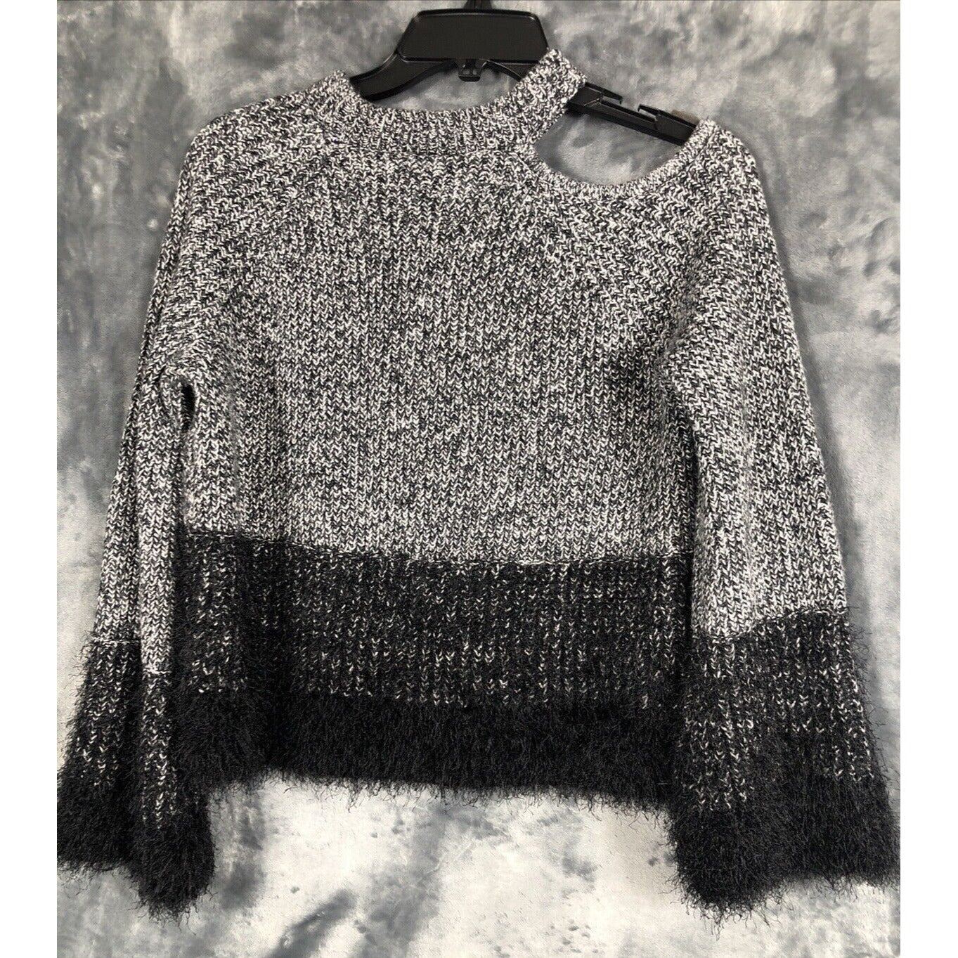 1. State Ladies Black and White Sweater Fuzzy Trim Sleeves and Waist Size Small