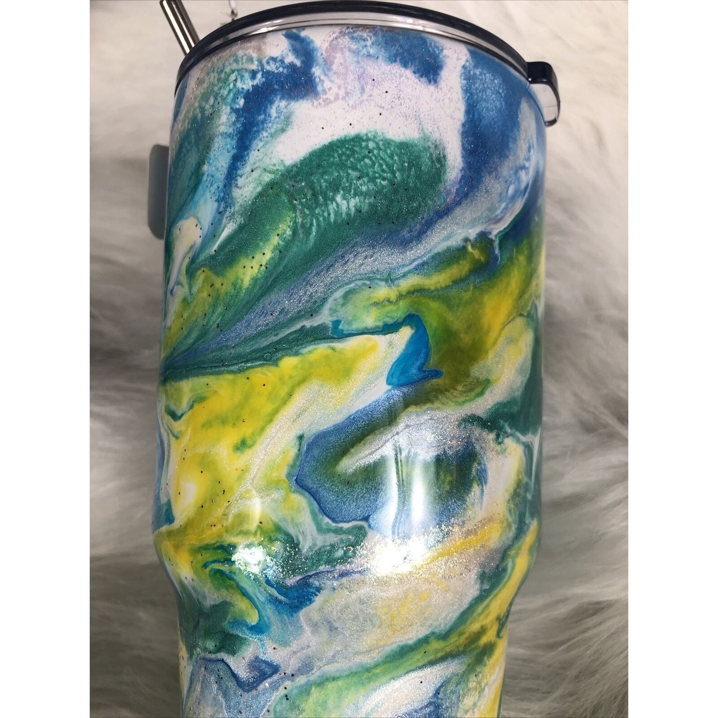32 Ounce Tumbler Hand Painted Teal’s Blues Yellows Pearls & Glitter Lid Custom