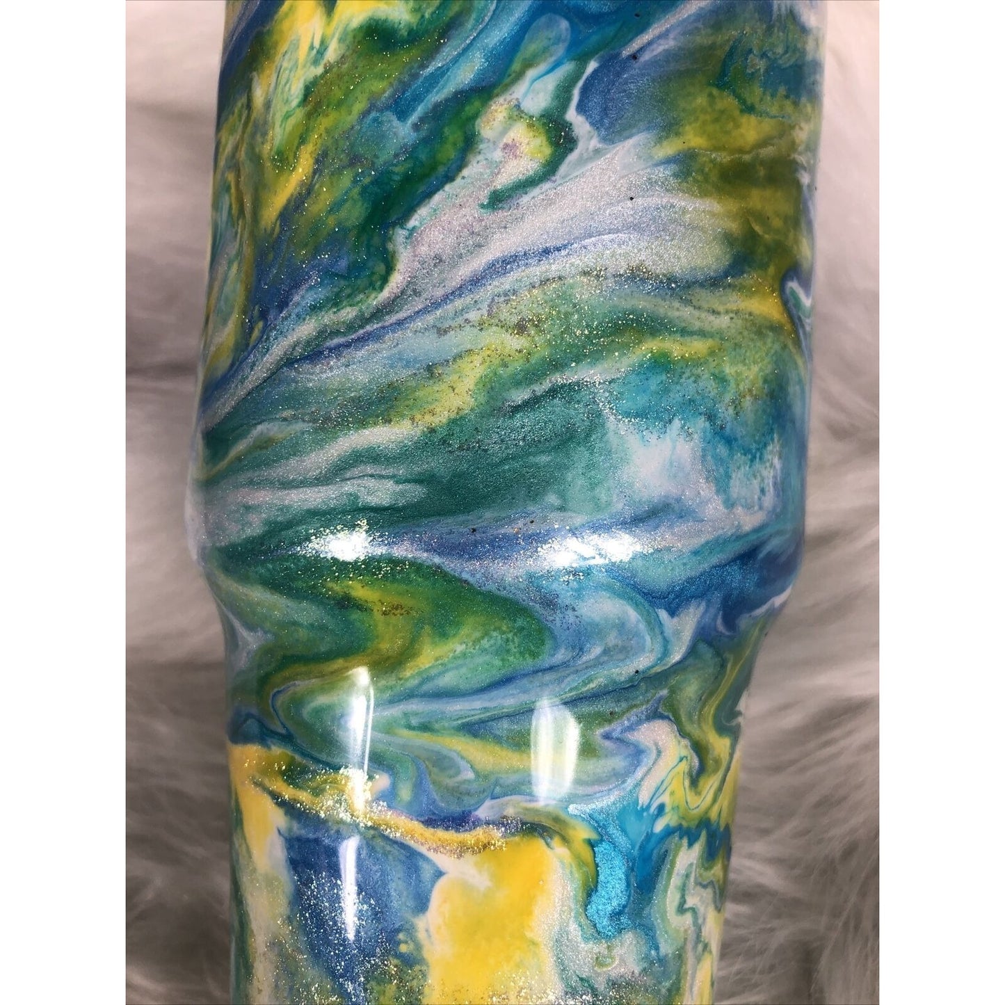 32 Ounce Tumbler Hand Painted Teal’s Blues Yellows Pearls & Glitter Lid Custom