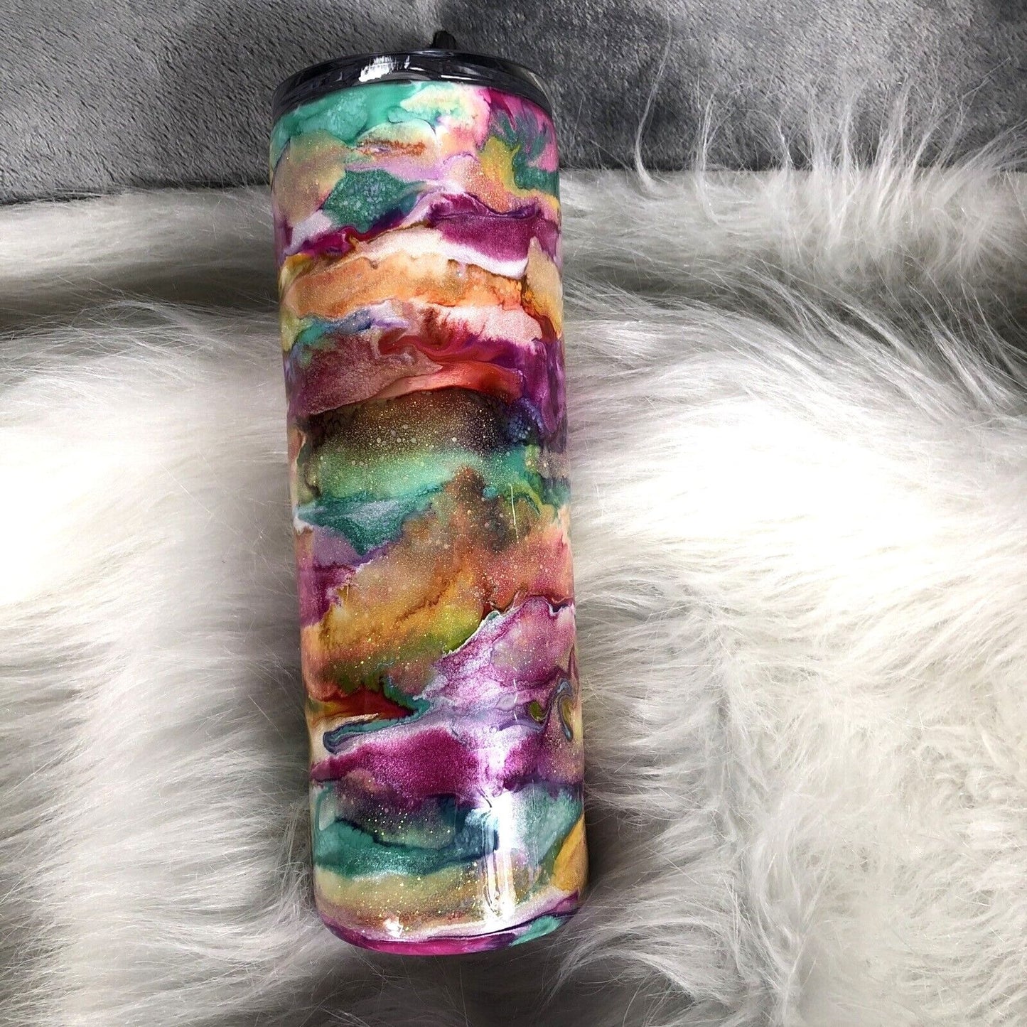 20 Ounce Tumbler Hand-Painted Pinks Pearl Teal Yellow Lid And Straw