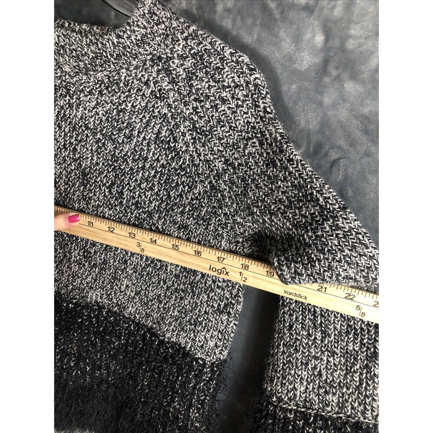 1. State Ladies Black and White Sweater Fuzzy Trim Sleeves and Waist Size Small