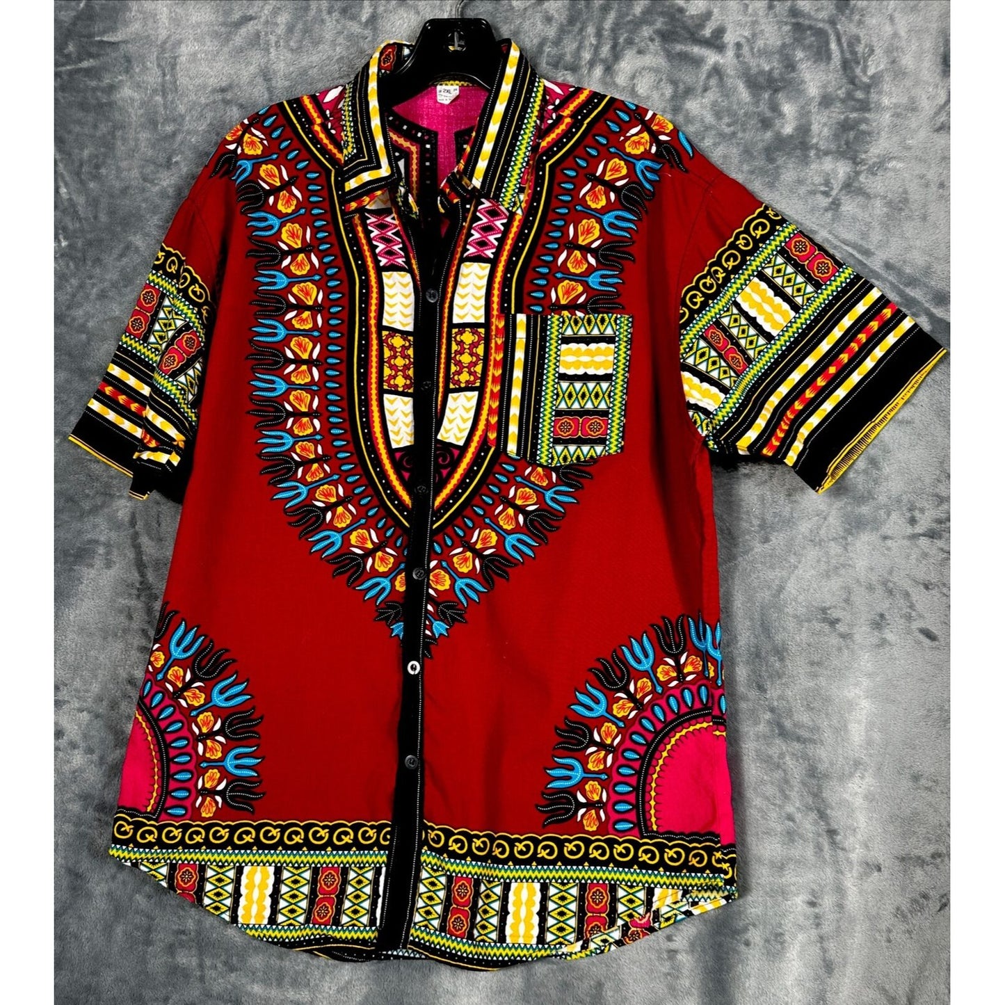 African Fabrics Floral Red Yellow Blue Indigo Unisex Stylish Top Blouse Women 2 X-Large