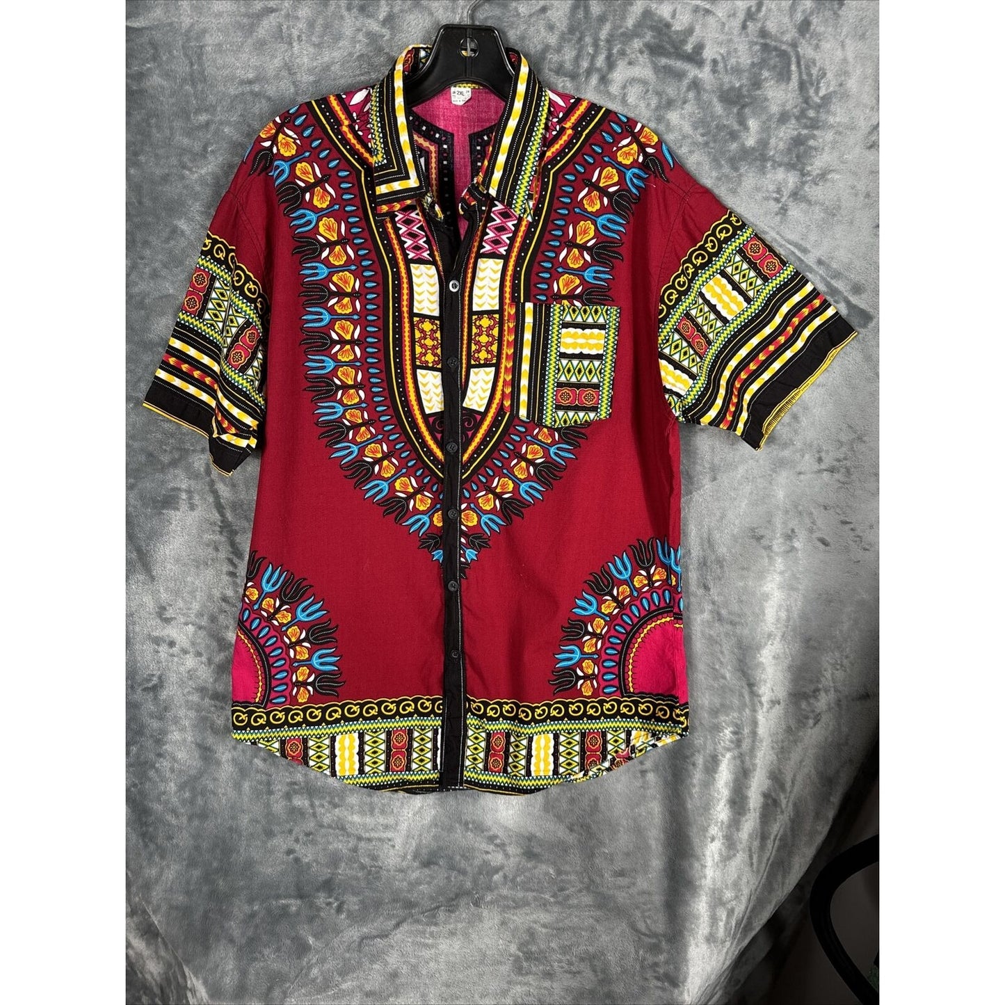 African Fabrics Floral Red Yellow Blue Indigo Unisex Stylish Top Blouse Women 2 X-Large
