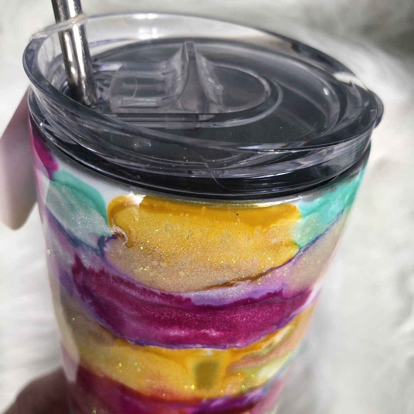 20 Ounce Tumbler Hand-Painted Pinks Pearl Teal Yellow Lid And Straw