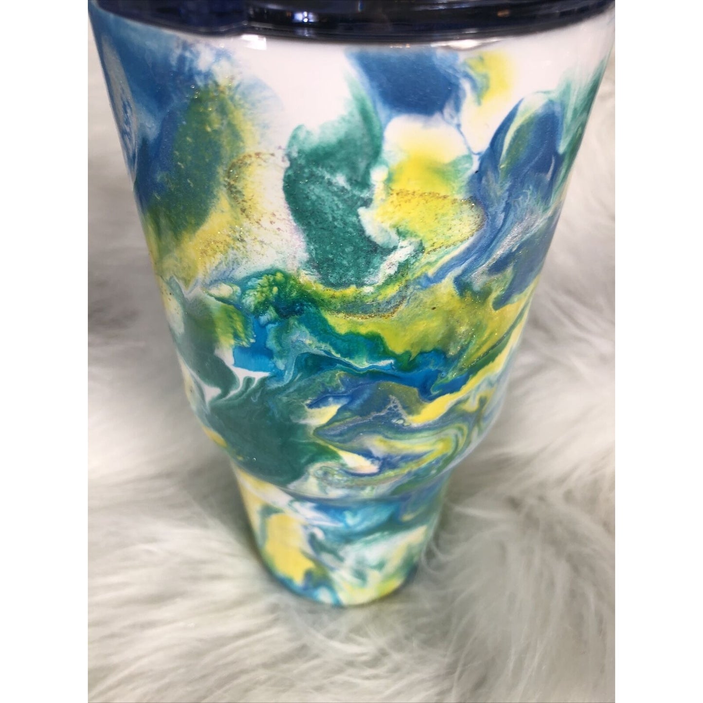 32 Ounce Tumbler Hand Painted Teal’s Blues Yellows Pearls & Glitter Lid Custom