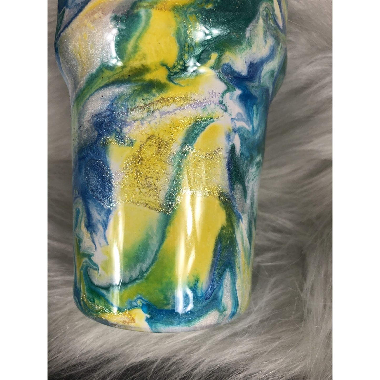 32 Ounce Tumbler Hand Painted Teal’s Blues Yellows Pearls & Glitter Lid Custom