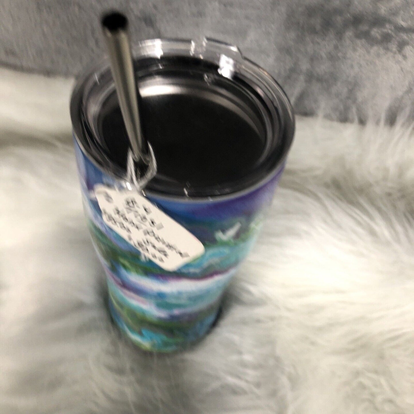 24 Ounce Tumbler Hand-Painted Blues Purples Pearl Green Lid And Straw