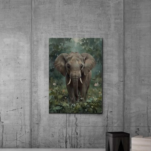 Animal Wall Art, Nursery Room Wall Art, Nursery Canvas Prints, Watercolor Baby Elephant with Leaves, Jungle Animal Wall Art, Animal Wall Decor, Canvas Wall Art, Canvas Print