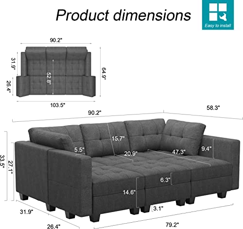 Belffin Sectional Sleeper Sofa Modular Sofa Bed 6 Seat Sleeper Couch Set with Storage Modular Sectional Couch for Living Room Dark Grey