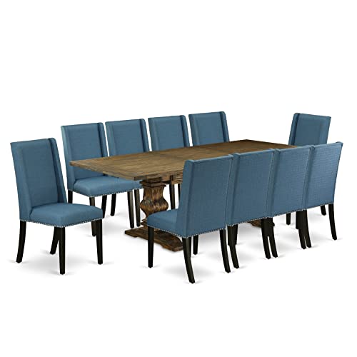 East West Furniture Lassale 11 Piece Modern Dining Set Includes a Rectangle Wooden Table with Butterfly Leaf and 10 Blue Linen Fabric Upholstered Chairs, 42x92 Inch, Distress Jacobean