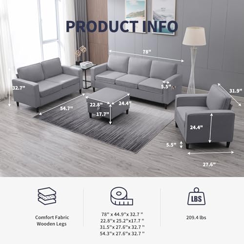 ijuicy 6 Seat Sectional Sofa Set w/Ottoman,3 Seat Couch & Loveseat Sofa & Armchair with Side Pockets & Movable Storage Ottoman, 3PCS Modern Couch Set Living Room Furniture Set(3+2+1Seat/Light Grey)