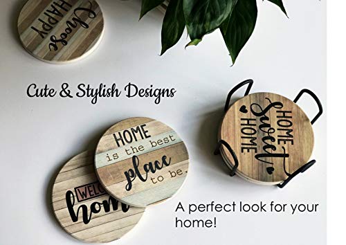 PANCHH Rustic Farmhouse Stone & Cork Coasters for Drinks, Absorbent - Set of 6 Coasters with Holder - Best Housewarming Gifts for New Home Ideas - Cute Kitchen and Coffee Table Décor & Accessories