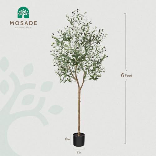 MOSADE Artificial Olive Tree 6 Feet Fake Olive Silk Plant and Handmade Seagrass Basket, Perfect Tall Faux Topiary Silk Tree for Indoor Entryway Modern Decor Home Office Porch Balcony Gift,1Pack