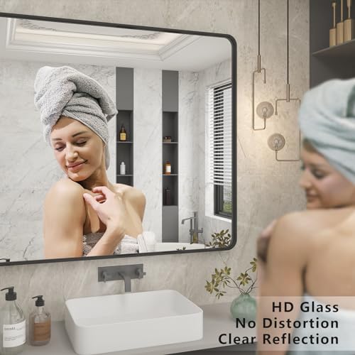 CHARMOR 60x28 Black Framed Bathroom Mirror, Large Matte Black Bathroom Vanity Mirror for Wall, Modern Rounded Rectangle Mirror, Shatterproof (Horizontally/Vertically)