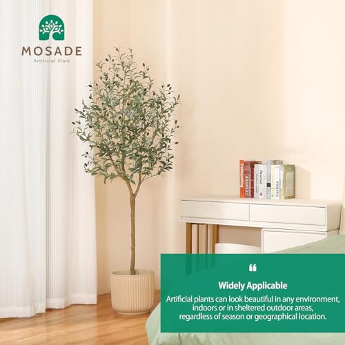 MOSADE Artificial Olive Tree 6 Feet Fake Olive Silk Plant and Handmade Seagrass Basket, Perfect Tall Faux Topiary Silk Tree for Indoor Entryway Modern Decor Home Office Porch Balcony Gift,1Pack
