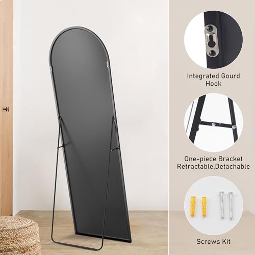 OLIXIS Arched Full Length Mirror 64"x21" for Bedroom, Full Body Mirror with Stand, Hanging or Leaning for Wall, Aluminum Alloy Thin Frame Floor Standing for Living Room, Tall, Black