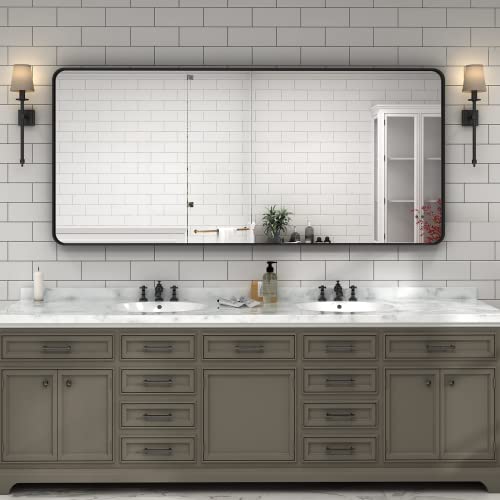 CHARMOR 60x28 Black Framed Bathroom Mirror, Large Matte Black Bathroom Vanity Mirror for Wall, Modern Rounded Rectangle Mirror, Shatterproof (Horizontally/Vertically)