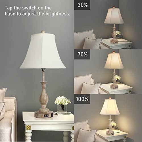 Farmhouse Table Lamp Touch Control 3-Way Dimmable, Modern Nightstand Lamp with 2 USB Port Bedside Desk Lamp with Fabric Shade for Living Room Bedroom Hotel (Pack-01)