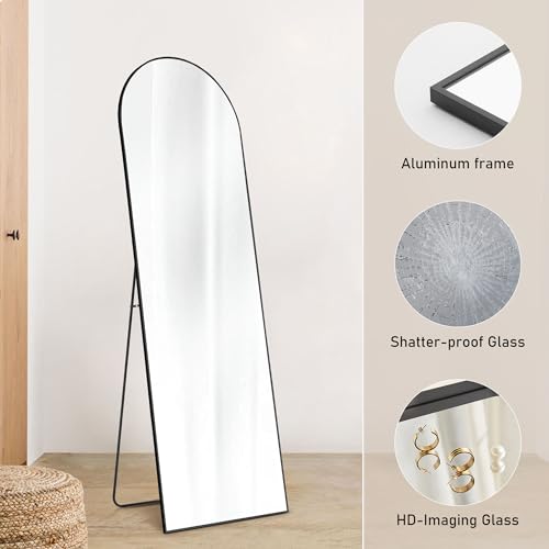 OLIXIS Arched Full Length Mirror 64"x21" for Bedroom, Full Body Mirror with Stand, Hanging or Leaning for Wall, Aluminum Alloy Thin Frame Floor Standing for Living Room, Tall, Black