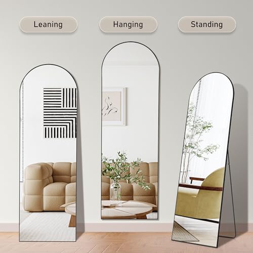 OLIXIS Arched Full Length Mirror 64"x21" for Bedroom, Full Body Mirror with Stand, Hanging or Leaning for Wall, Aluminum Alloy Thin Frame Floor Standing for Living Room, Tall, Black