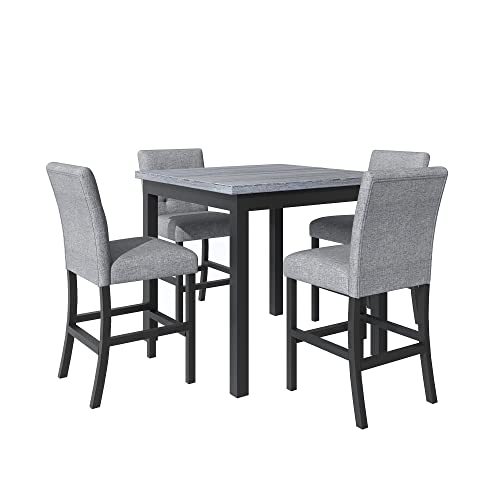 DINTABBLE 5-Piece Counter Height Dining Set-Square Wood Table and 4 Upholstered High-Back Chairs with Footrest for Kitchen Furniture-Classic Black Finish