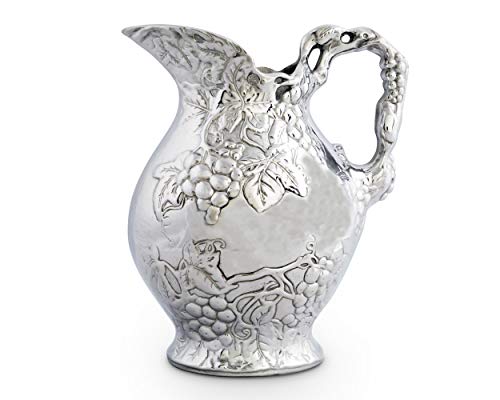 Arthur Court Metal Vineyard Pitcher Grape Pattern Sand Casted in Aluminum with Artisan Quality Hand Polished Design Tarnish Free Water Jug for Hot / Cold Water, Ice Tea and Juice Beverage 10 inch Tall