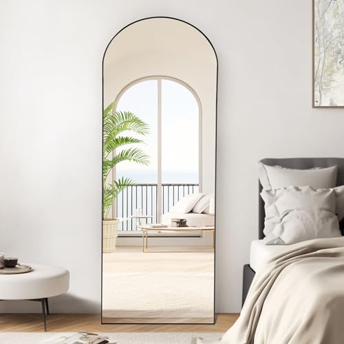 OLIXIS Arched Full Length Mirror 64"x21" for Bedroom, Full Body Mirror with Stand, Hanging or Leaning for Wall, Aluminum Alloy Thin Frame Floor Standing for Living Room, Tall, Black
