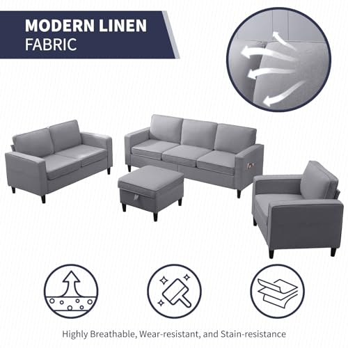 ijuicy 6 Seat Sectional Sofa Set w/Ottoman,3 Seat Couch & Loveseat Sofa & Armchair with Side Pockets & Movable Storage Ottoman, 3PCS Modern Couch Set Living Room Furniture Set(3+2+1Seat/Light Grey)