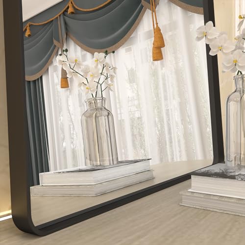 CHARMOR 60x28 Black Framed Bathroom Mirror, Large Matte Black Bathroom Vanity Mirror for Wall, Modern Rounded Rectangle Mirror, Shatterproof (Horizontally/Vertically)