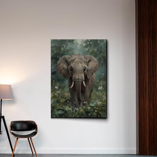 Animal Wall Art, Nursery Room Wall Art, Nursery Canvas Prints, Watercolor Baby Elephant with Leaves, Jungle Animal Wall Art, Animal Wall Decor, Canvas Wall Art, Canvas Print