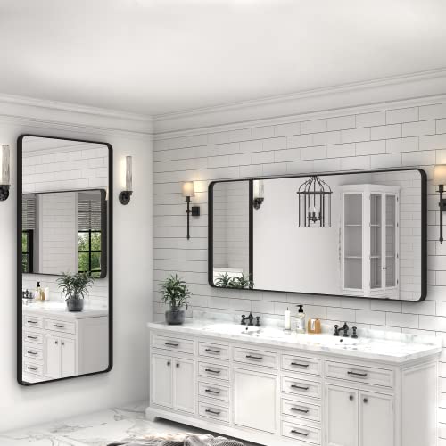 CHARMOR 60x28 Black Framed Bathroom Mirror, Large Matte Black Bathroom Vanity Mirror for Wall, Modern Rounded Rectangle Mirror, Shatterproof (Horizontally/Vertically)